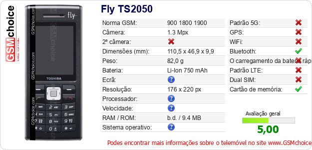 Fly TS2050 Especificações técnicas do telemóvel 