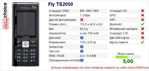 Fly TS2050 Технические данные телефона Fly TS2050 Технические данные телефона
