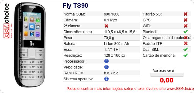 Fly TS90 Especificações técnicas do telemóvel 