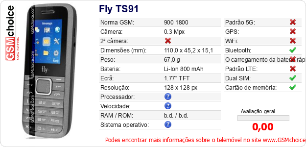 Fly TS91 Especificações técnicas do telemóvel Fly TS91 Especificações técnicas do telemóvel
