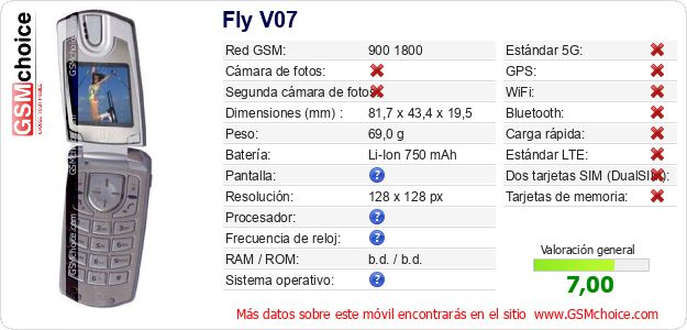 Fly V07 Datos técnicos del móvil Fly V07 Datos técnicos del móvil