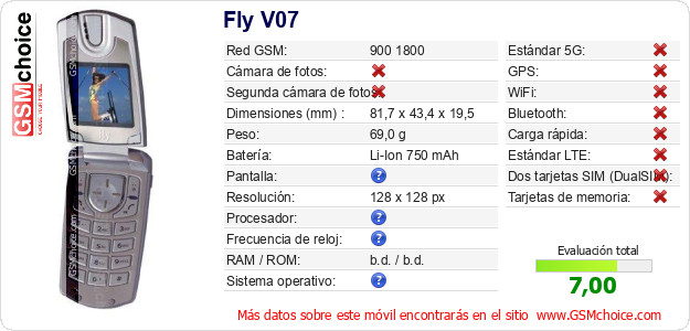 Fly V07 Datos técnicos del móvil 
