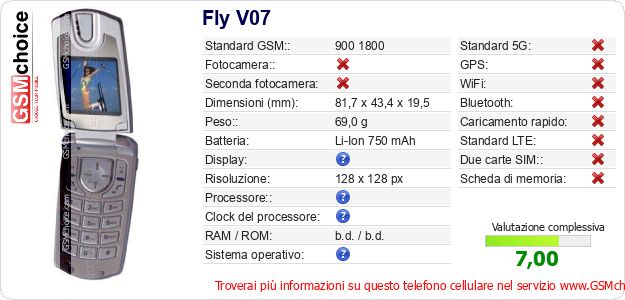 Fly V07 Dati tecnici di telefono cellulare Fly V07 Dati tecnici di telefono cellulare