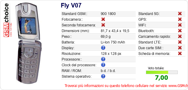 Fly V07 Dati tecnici di telefono cellulare  Fly V07 Dati tecnici di telefono cellulare