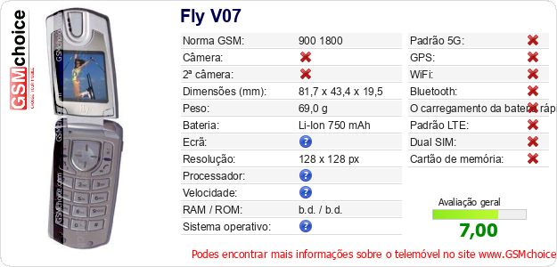Fly V07 Especificações técnicas do telemóvel Fly V07 Especificações técnicas do telemóvel