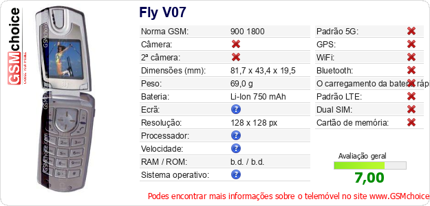 Fly V07 Especificações técnicas do telemóvel 