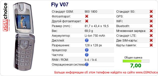 Fly V07 Технические данные телефона Fly V07 Технические данные телефона