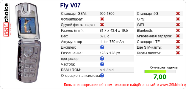 Fly V07 Технические данные телефона Fly V07 Технические данные телефона