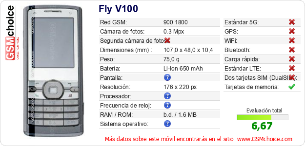 Fly V100 Datos técnicos del móvil Fly V100 Datos técnicos del móvil