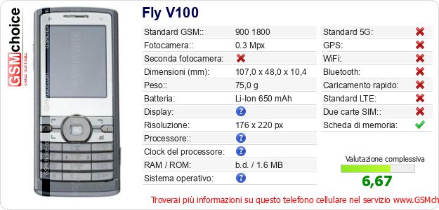 Fly V100 Dati tecnici di telefono cellulare Fly V100 Dati tecnici di telefono cellulare