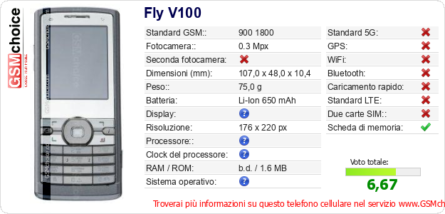 Fly V100 Dati tecnici di telefono cellulare 