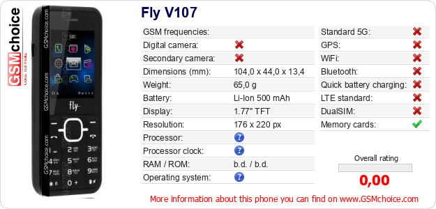 Fly V107 technical specifications Fly V107 technical specifications