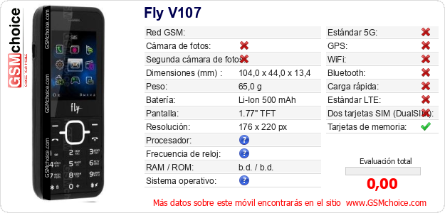 Fly V107 Datos técnicos del móvil 