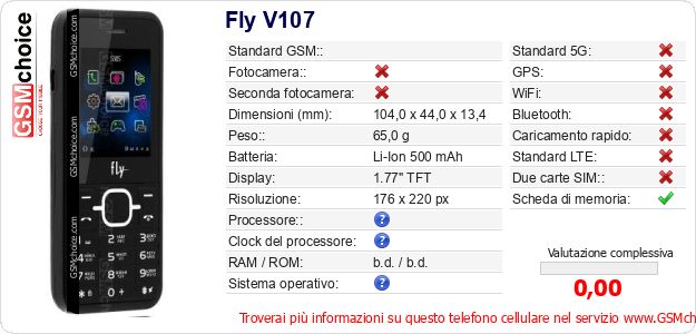 Fly V107 Dati tecnici di telefono cellulare 