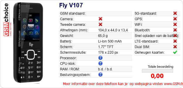 Fly V107 Technische gegevens 