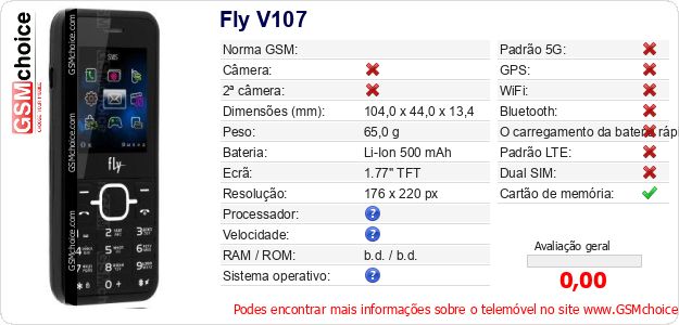 Fly V107 Especificações técnicas do telemóvel 