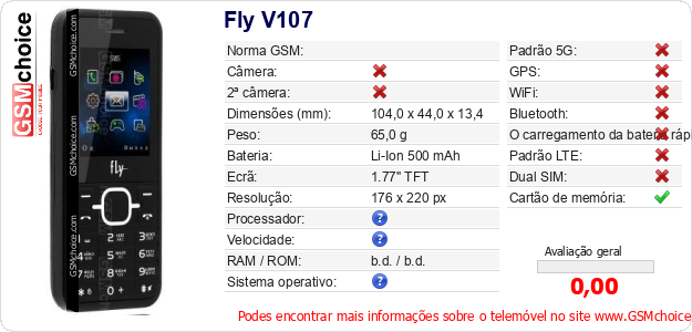 Fly V107 Especificações técnicas do telemóvel Fly V107 Especificações técnicas do telemóvel