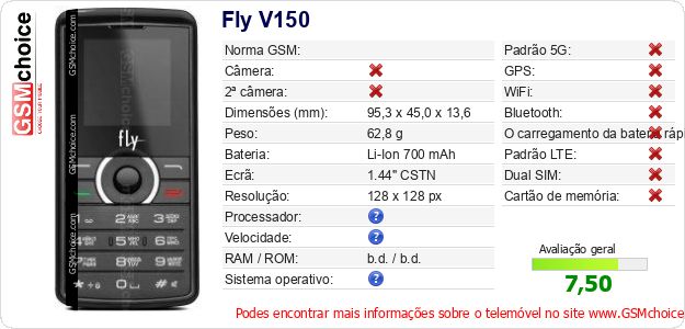 Fly V150 Especificações técnicas do telemóvel 