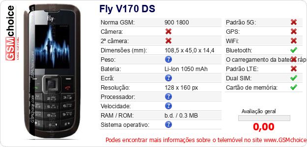 Fly V170 DS Especificações técnicas do telemóvel Fly V170 DS Especificações técnicas do telemóvel
