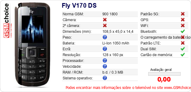 Fly V170 DS Especificações técnicas do telemóvel 