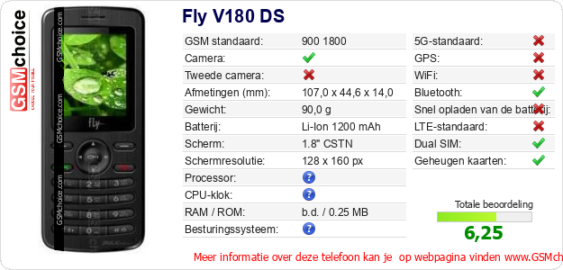 Fly V180 DS Technische gegevens 