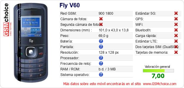 Fly V60 Datos técnicos del móvil Fly V60 Datos técnicos del móvil