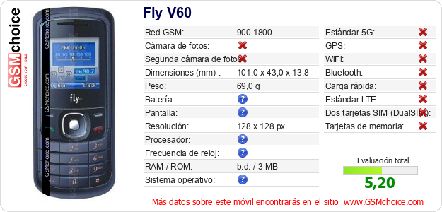 Fly V60 Datos técnicos del móvil Fly V60 Datos técnicos del móvil