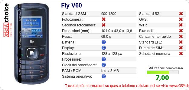 Fly V60 Dati tecnici di telefono cellulare 