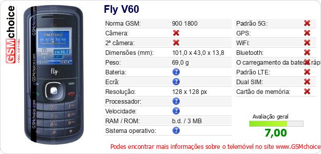 Fly V60 Especificações técnicas do telemóvel Fly V60 Especificações técnicas do telemóvel