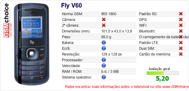 Fly V60 Especificações técnicas do telemóvel Fly V60 Especificações técnicas do telemóvel