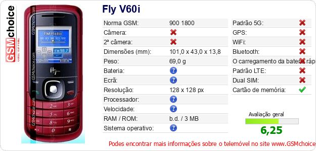 Fly V60i Especificações técnicas do telemóvel Fly V60i Especificações técnicas do telemóvel