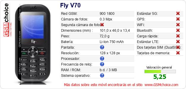 Fly V70 Datos técnicos del móvil Fly V70 Datos técnicos del móvil