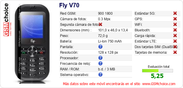 Fly V70 Datos técnicos del móvil 