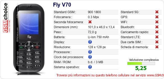 Fly V70 Dati tecnici di telefono cellulare Fly V70 Dati tecnici di telefono cellulare