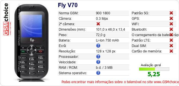 Fly V70 Especificações técnicas do telemóvel 