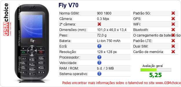 Fly V70 Especificações técnicas do telemóvel 