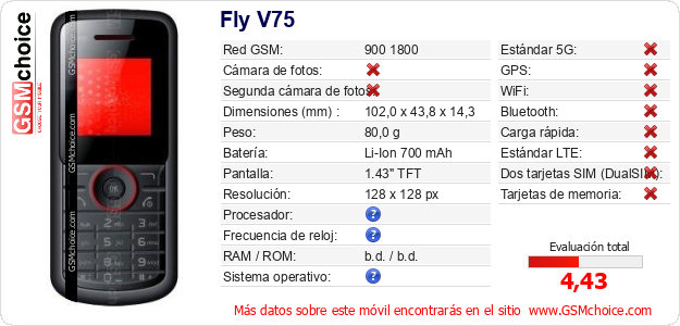 Fly V75 Datos técnicos del móvil 