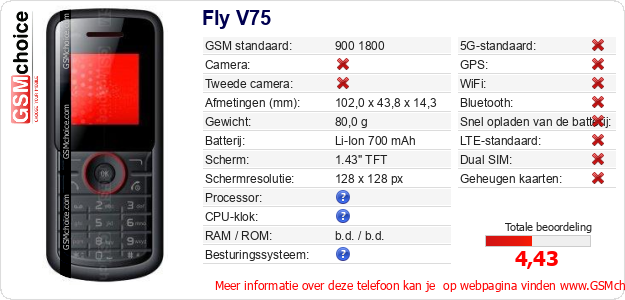 Fly V75 Technische gegevens 