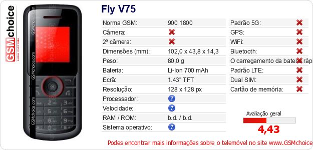 Fly V75 Especificações técnicas do telemóvel Fly V75 Especificações técnicas do telemóvel
