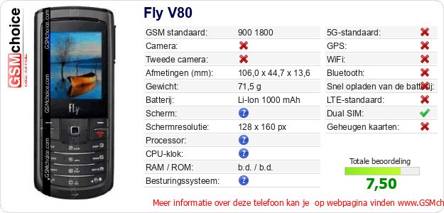 Fly V80 Technische gegevens Fly V80 Technische gegevens