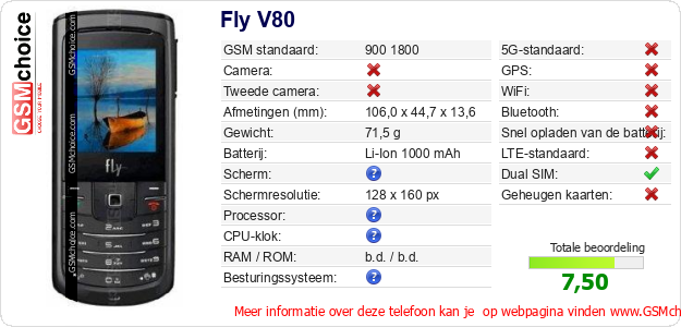 Fly V80 Technische gegevens 