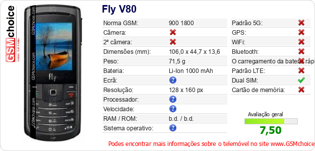Fly V80 Especificações técnicas do telemóvel 
