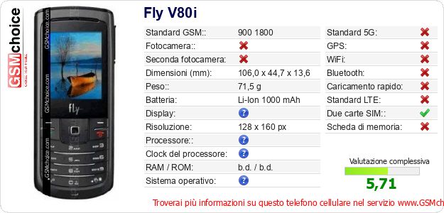 Fly V80i Dati tecnici di telefono cellulare 