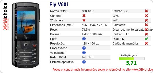 Fly V80i Especificações técnicas do telemóvel 