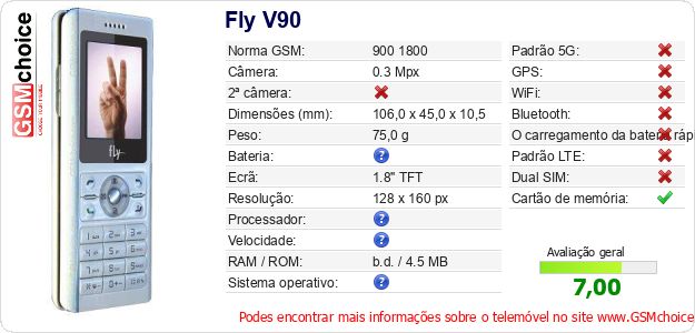 Fly V90 Especificações técnicas do telemóvel 