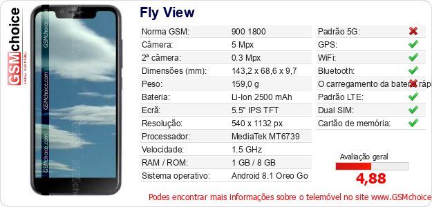 Fly View Especificações técnicas do telemóvel 
