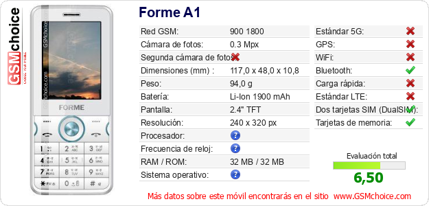 Forme A1 Datos técnicos del móvil 