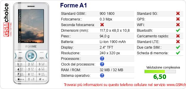 Forme A1 Dati tecnici di telefono cellulare 