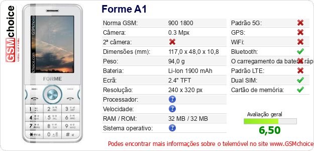 Forme A1 Especificações técnicas do telemóvel Forme A1 Especificações técnicas do telemóvel