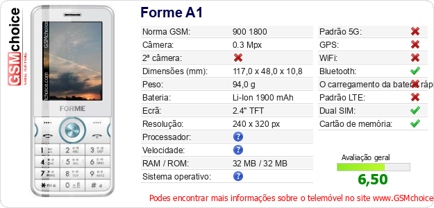 Forme A1 Especificações técnicas do telemóvel Forme A1 Especificações técnicas do telemóvel